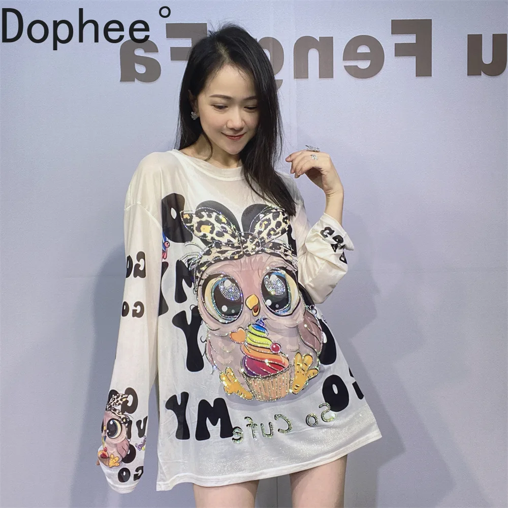 

Outdoor Summer Women Overclothes Cartoon Hot Drilling Long Sleeve Mesh T-shirt Oversize Pullover Top Mid-long Sun-proof Shirts
