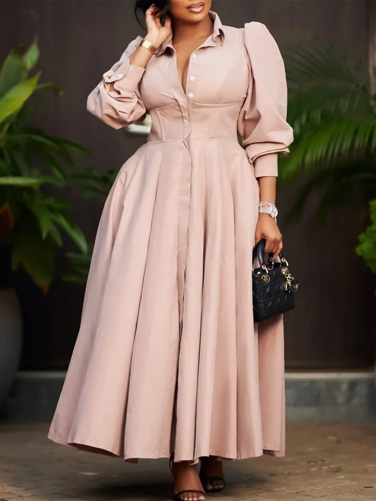 Women Spring Dress Ladies Casual Plus Size Slim Office Dress Retro Elegant V-Neck High Waist White Long Sleeve Party Dress