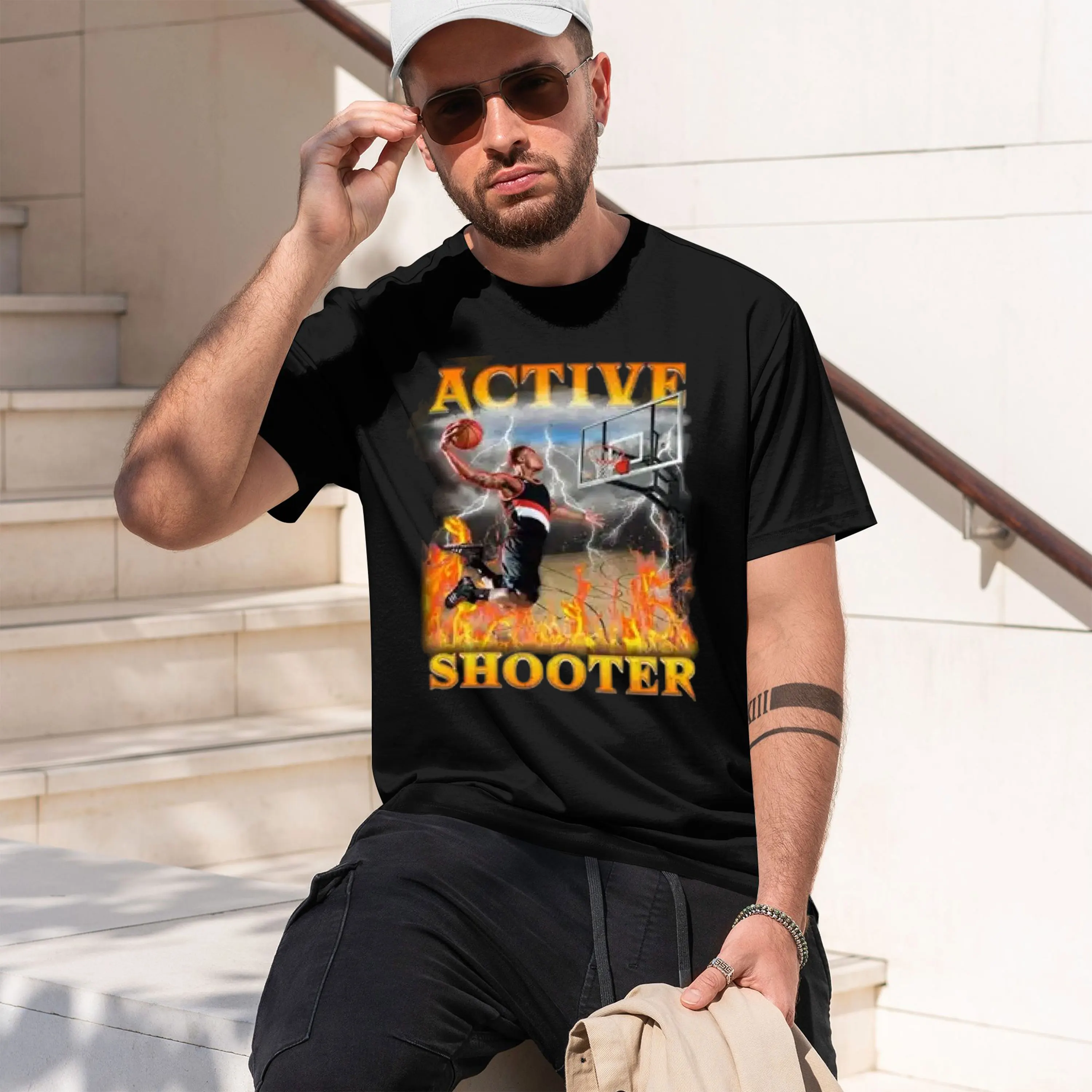 Sporty Style Men's T-Shirt Active Shooter Basketball Player With Flames And Lightning Graph Summer Casual Wear For Basketball Fa