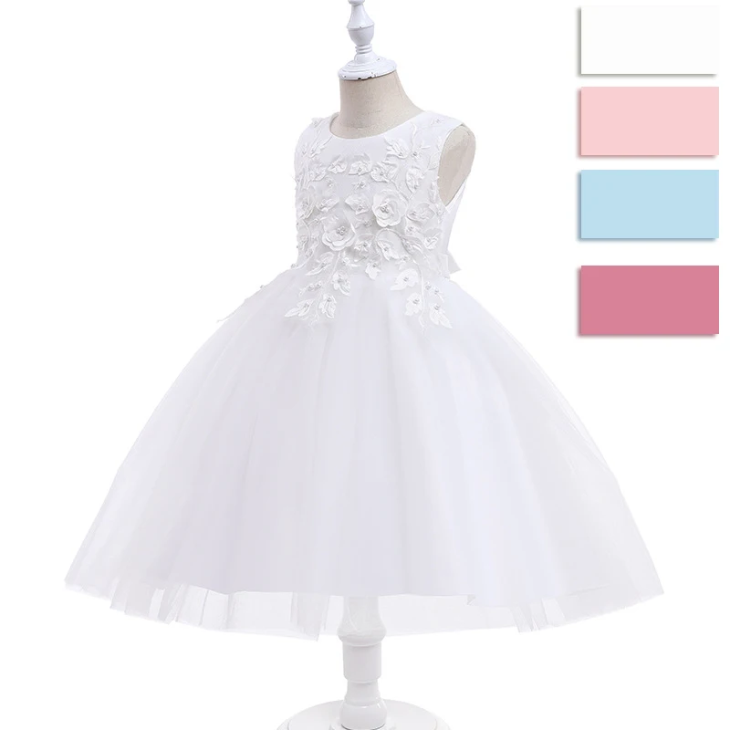 2023 Summer Kids Toddler Flower Girls White Pink Blue Tulle A-line Knee-length Dress for Birthday Pageant Wedding Party 1-9Y