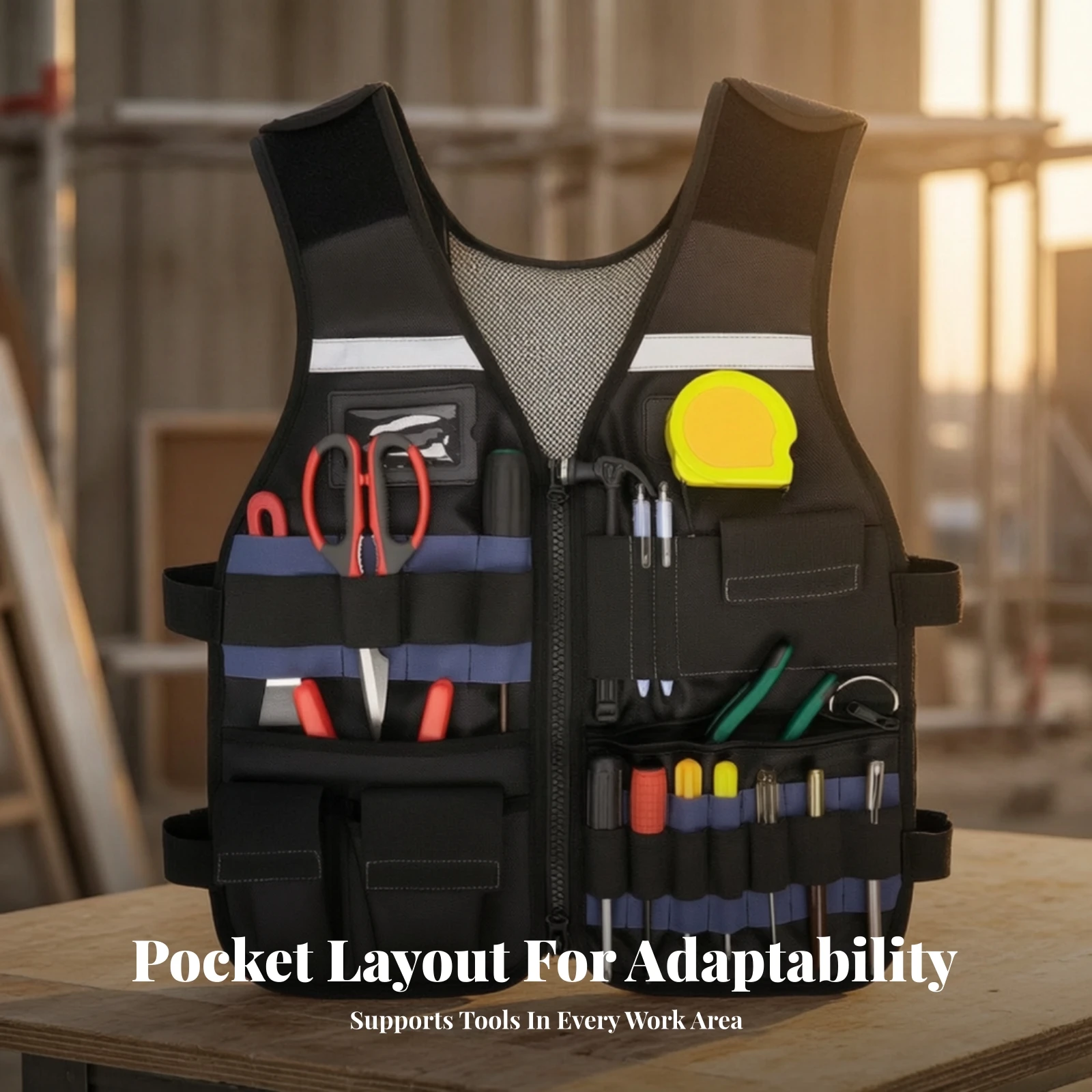 Reflective Work Vest with Tool Holders for Construction Professional Mesh Tool Organizer Vest with Zipper Front