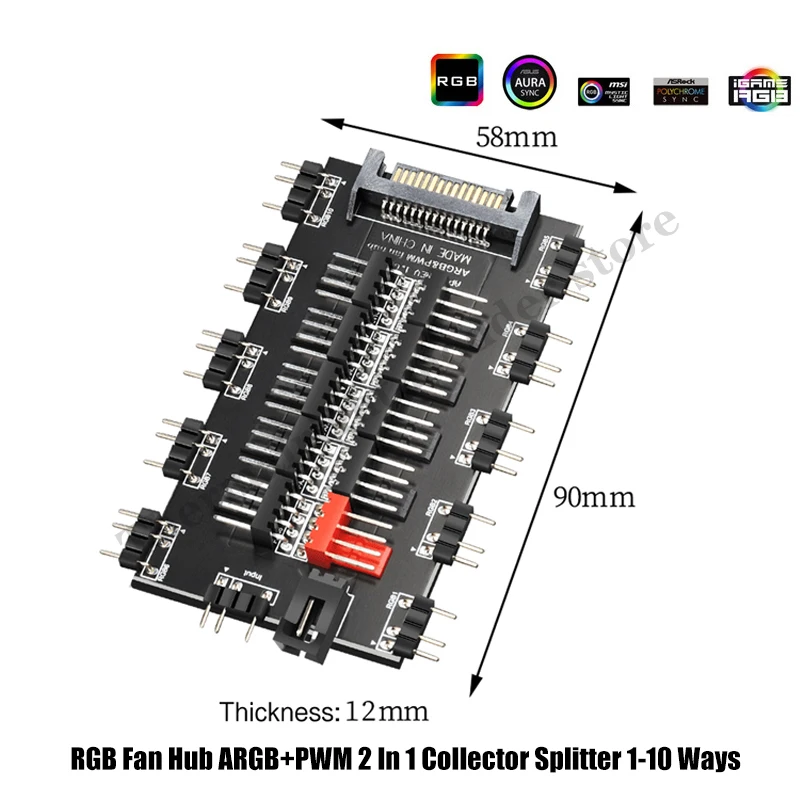 Ventilador RGB Hub ARGB + PWM 2 en 1, divisor de colector de 1-10 vías, compatible con MB 5V, 3 pines AURA SYNC, tira de luz LED SATA, Enfriador de ventilador de PC RGB