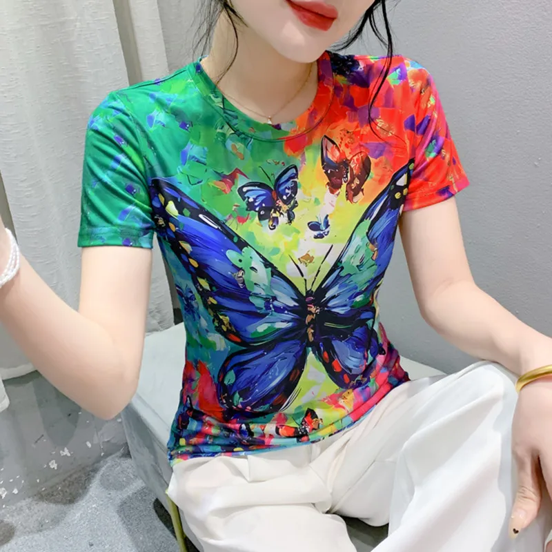 Fashion Vintage Butterfly Printed T-shirt For Women Summer New Elegant O-Collar Short Sleeved Slim Tee Top Ladies Street Clothin