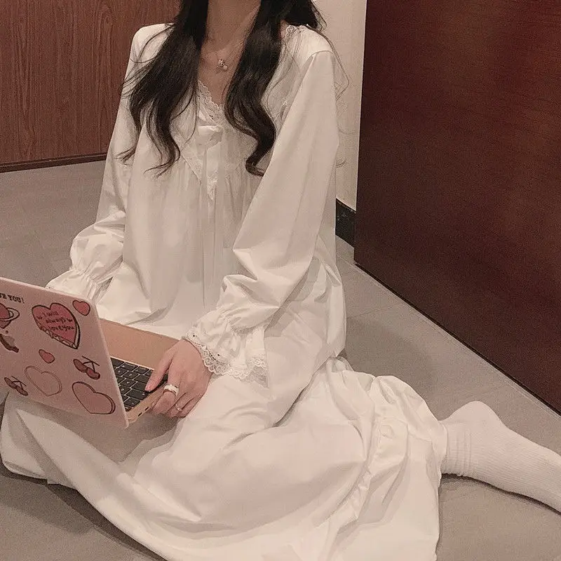 

White Nightgown Sleepwear Lady Spring Autumn Sweet Nightdress Long Sleeve Nightdress Loose Women Princess Nightgowns