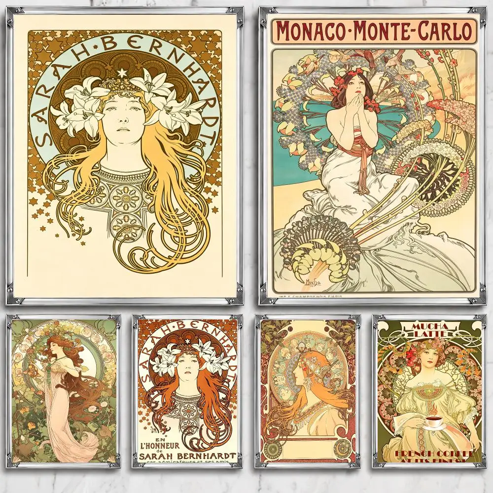 Artist Decorative A-Alphonse Mucha Poster Self Adhesive Wall Decor Waterproof Removable for Bedroom Living Room bar Gift
