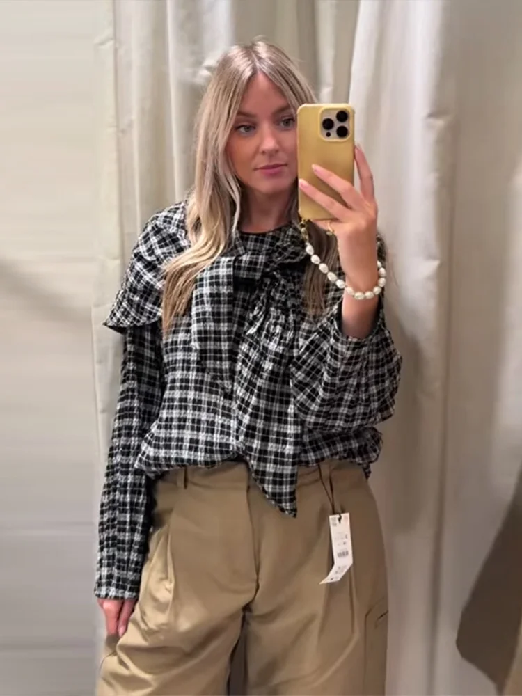 Irregular rendas até camisas femininas xadrez vintage o pescoço manga longa camisa oversize 2025 outono moda casual senhoras blusa