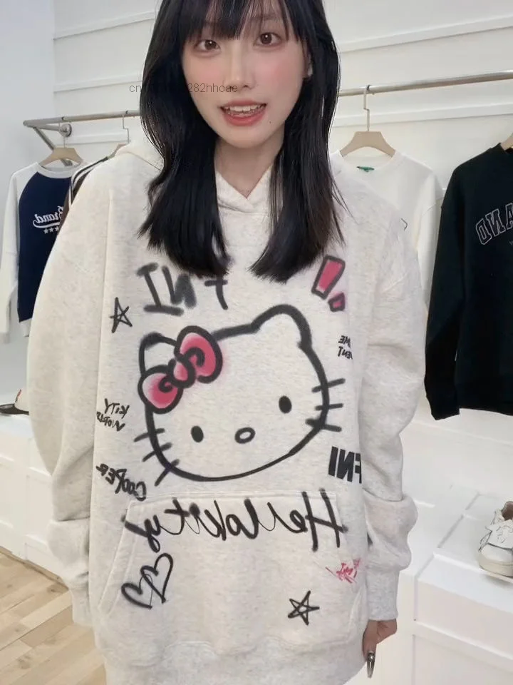 Sanrio Hello Kitty Hooded Sweater Autumn And Winter Harajuku Chic White Top Grunge Outerwear Y 2k Hip Hop Korean Style Hoodie