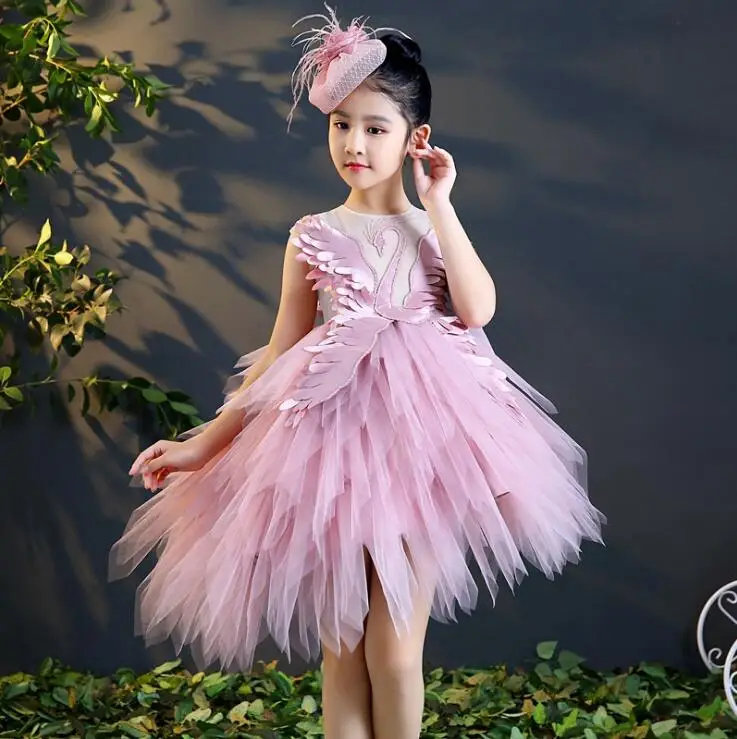 Swan Crystal Tulle Flower Girl Romantic Wedding Banquet Dress Beads Girl Princess Evening Dress Kids Girl First Communion Gown