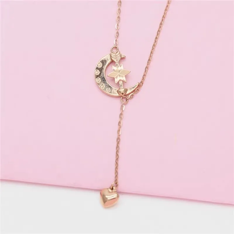 585 Purple Gold Fashion Sweet Star Moon Pendant Heart Shaped Tassel One Piece Chain Necklace Plated 14K Rose Gold New in Jewelry