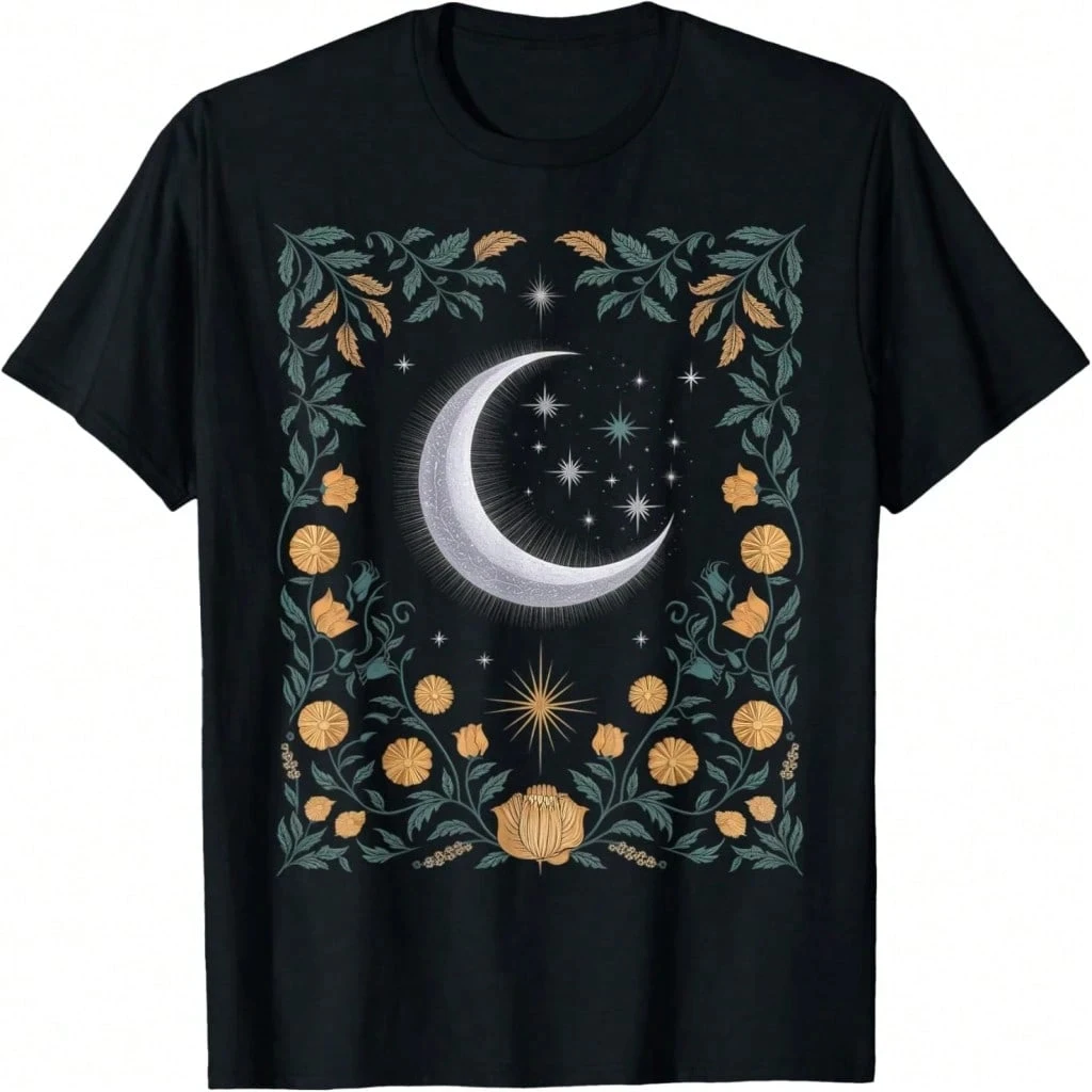 Celestial Symbol Cosmic Harmony Mystical Star And Moon T-Shirt Mens Personalized Casual Print Short Sleeve T-Shirt