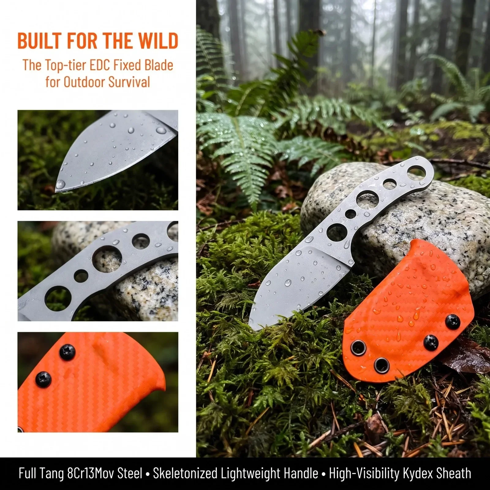 Cuchillo EDC de hoja fija GMF1, herramienta de corte portátil con funda naranja, ideal para actividades al aire libre, caza, acampada y uso diario.