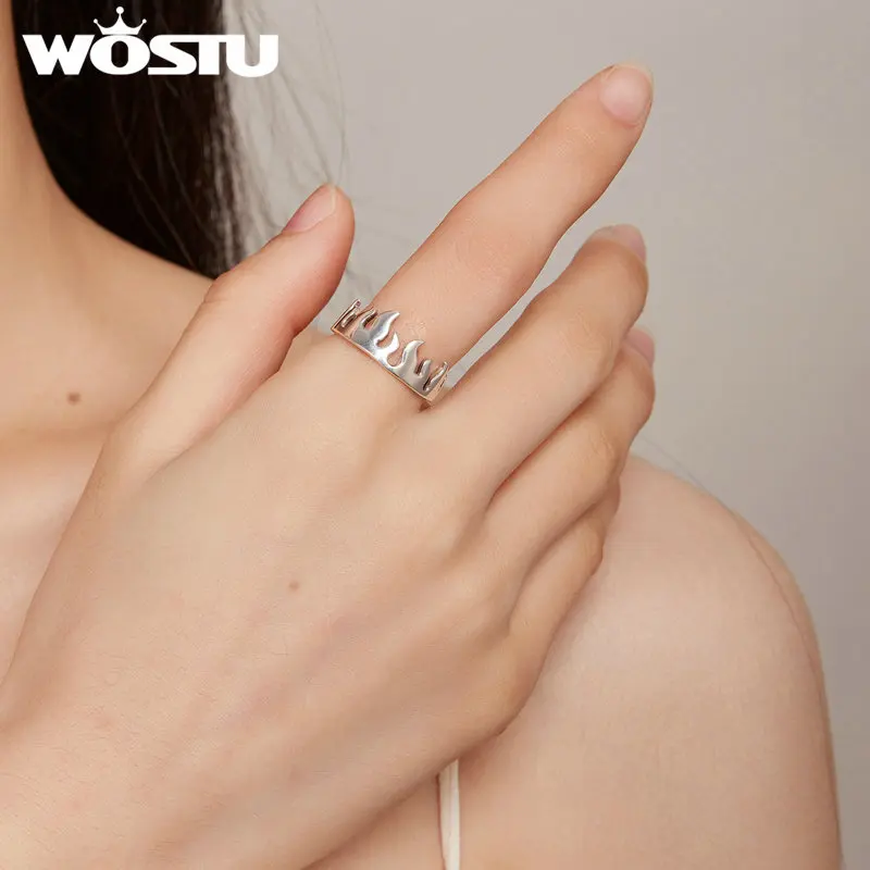 WOSTU 925 Sterling Silver Flame Opening Ring Simple Fire Shape Finger Ring Oxidized for Women Mother Gift Original Jewelry