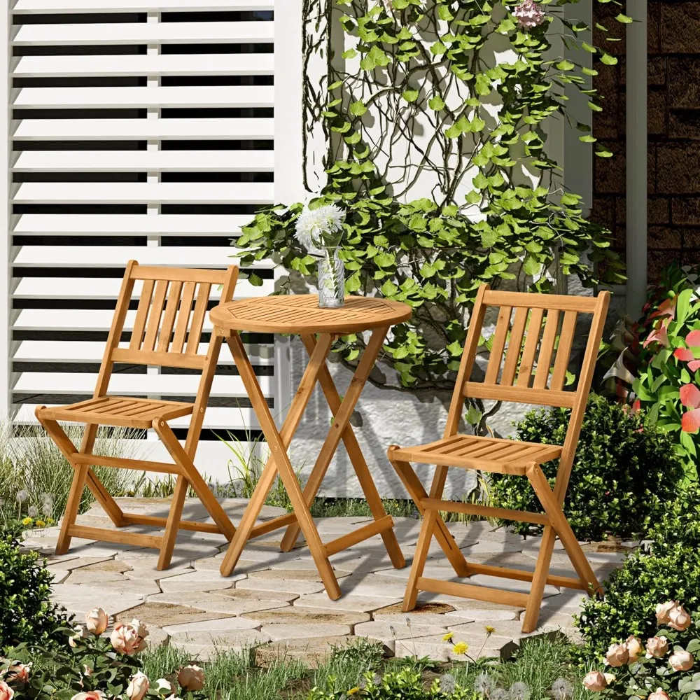 

3-Piece Acacia Wood Bistro Set, Folding Patio Furniture with 2 Folding Chairs and Round Coffee Table, Teak, Customized