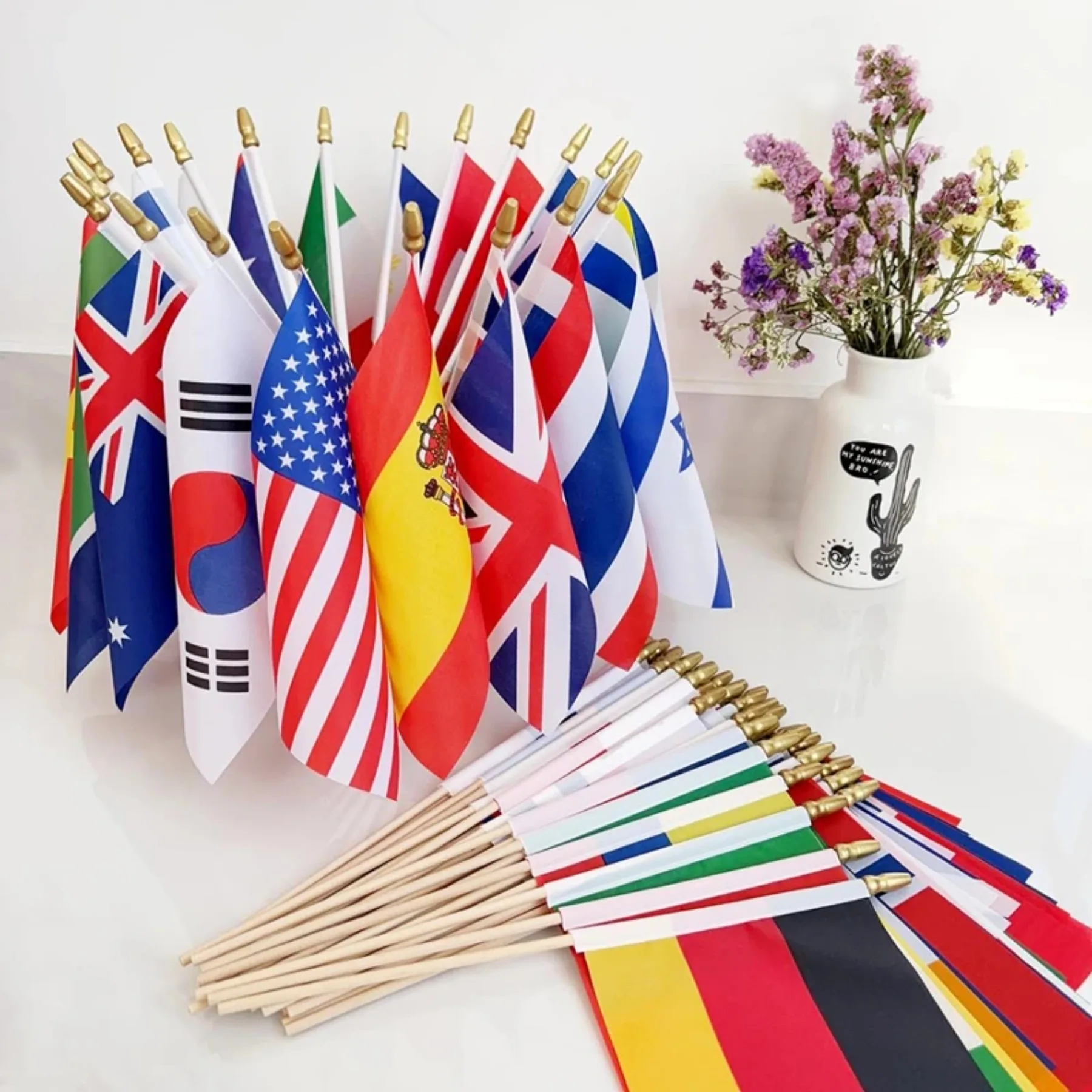 48 national flags with plastic poles, double-sided polyester printed national parade flags, flags for various competitions.