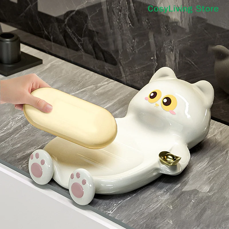 [CL]1Pcs Cute Cat Soap Dish Creative Lucky Cat Soap Box Home Bathroom Soap Draining And Storage Tray Bathroom Accessory[CL]