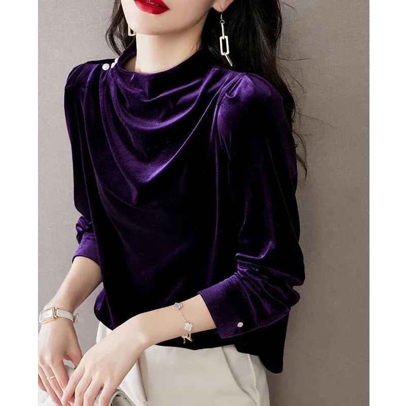 Women French Vintage Purple Elegant Chic Gold Velvet T Shirt Autumn Winter Fashion Ruffled O Neck Long Sleeve Pullover Tops B132