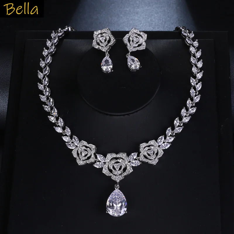 

luxury jewelry sets 2pcs shiny silver color zircon necklace earrings rose flower pendant wedding bride jewelry women gift