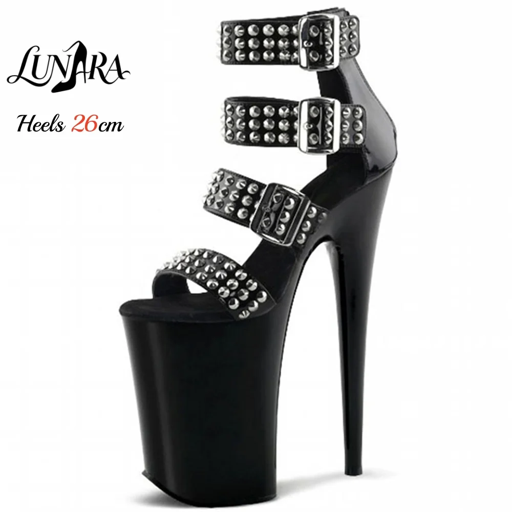 26cm/10Inch Black Patent Extreme High Heel Sandals Studded Straps Open Toe Buckle Non-slip Sexy Stage Ladies Pole Dance