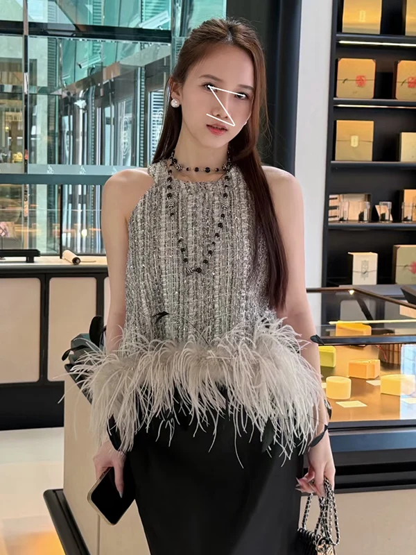 

Легкий твидовый жилет с пайетками и оборками, свободного кроя, утягивающий, маленький размер, модный весенний наряд