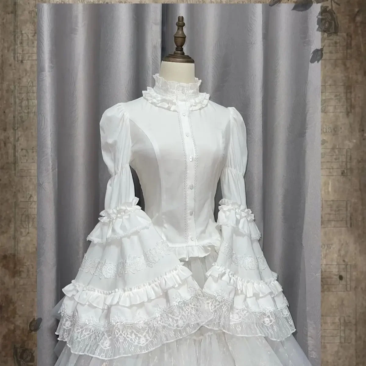 고딕 로리타 화이트 셔츠 여성 빈티지 빅토리아 프릴 레이스 블라우스 공주 탑 숄 셔츠 플레어 슬리브 미학 자켓