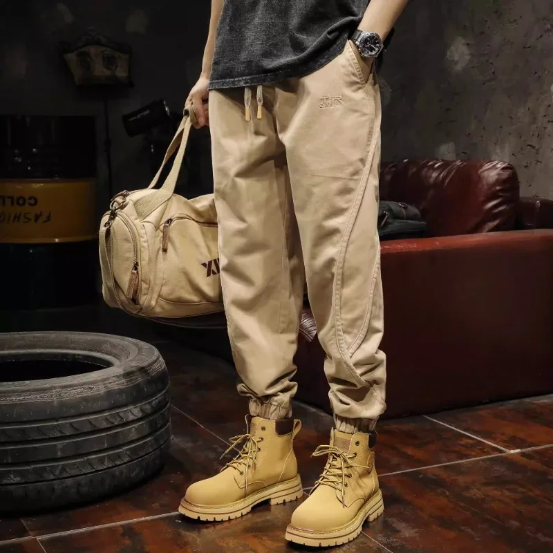 

American all-in-one new men's cargo pants in solid colors trend cotton casual pants spring and autumn loose plus size bunches