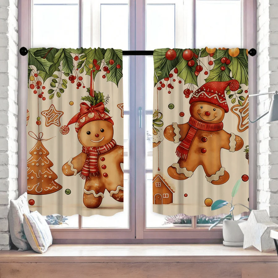  Gingerbread Man Holly Berry Kitchen Curtain Set, Christmas Holiday Decor Rod Pocket Tier Curtains for Kitchen Window