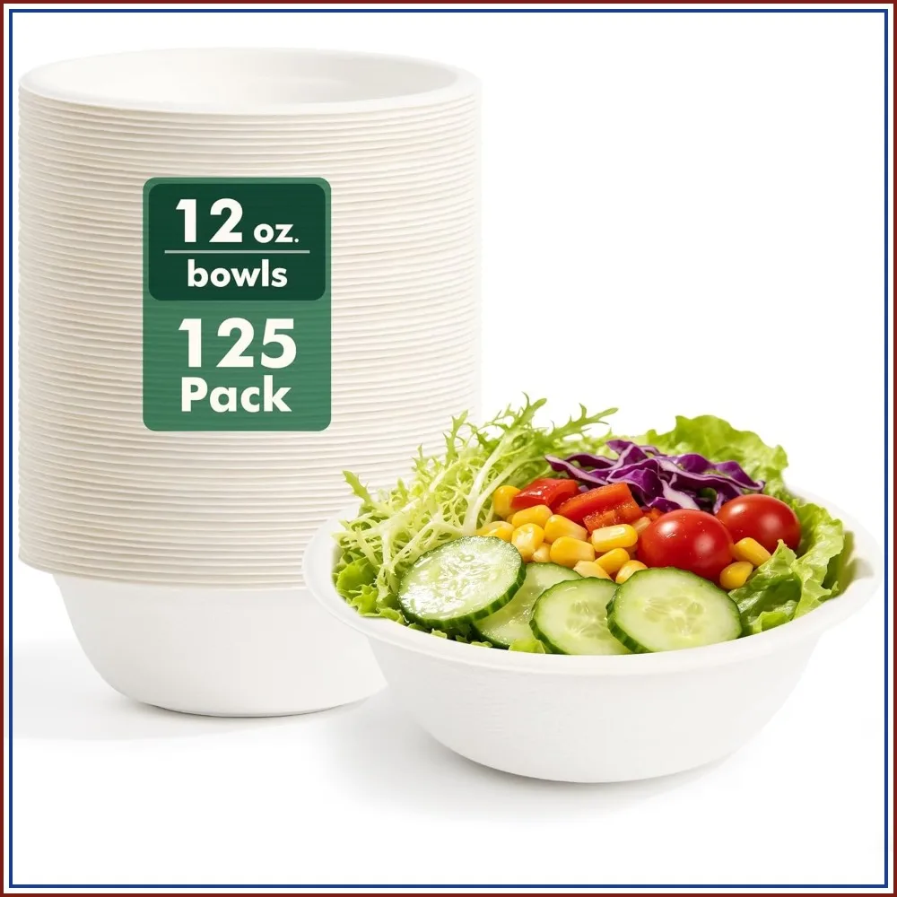 Tazones de Papel de 12 oz [Paquete de 125], Tazones Desechables Compostables para Sopa, Tazones Blancos Biodegradables Resistentes, Fibra Natural de Caña de Azúcar para Postre, Cereal, Ensalada, Helado