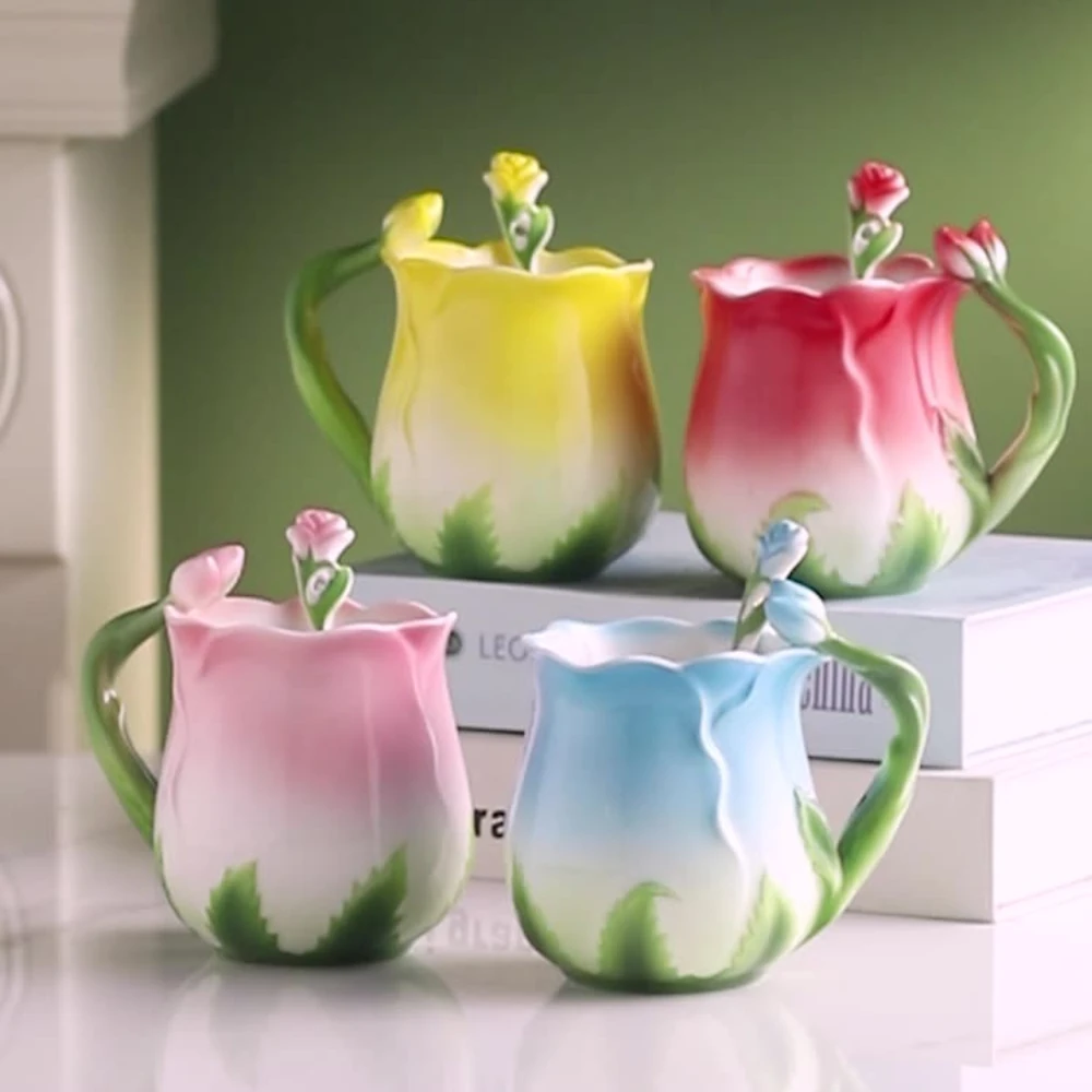 

3D Rose Flower Shape Mug Ceramic Coffee Cup Creative Household Breakfast Oatmeal Breakfast Cup with Spoon Drinkware Kitchen Gift