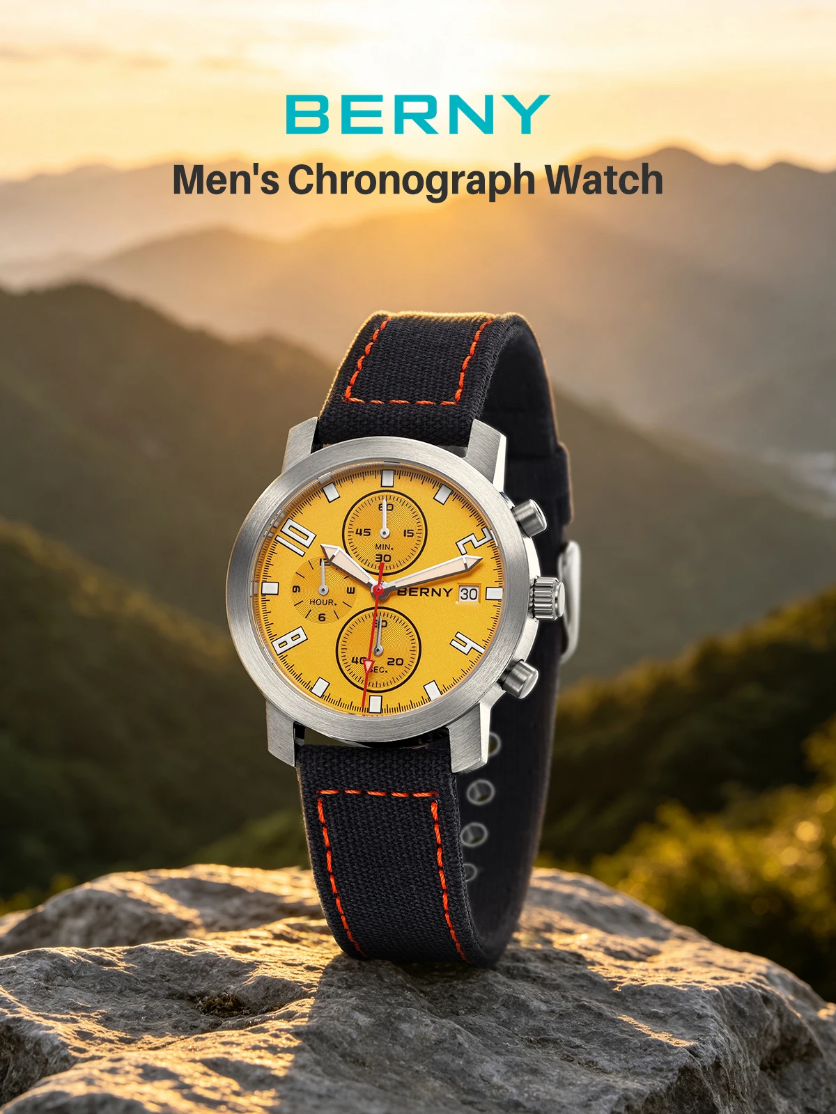 BERNY Chronograph-Uhren für Herren, grün leuchtendes kleines Zifferblatt, multifunktional, leichte Herrenuhr, Saphirglas, 5ATM wasserdicht – Detail 1