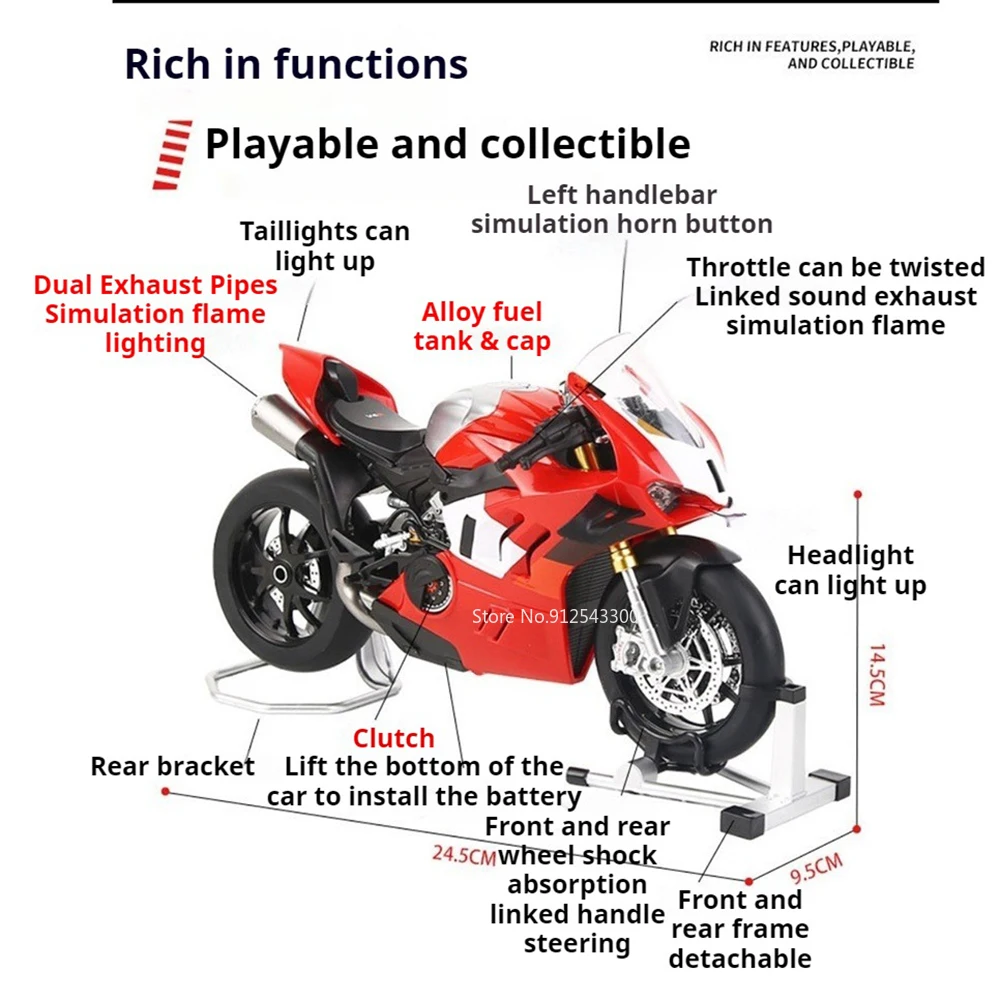 스케일 1:9 V4R 1299 오토바이 모델 장난감 자동차 합금 바디 고무 타이어 충격 흡수 스프레이 모터 모델 사무실 테이블 장식품
