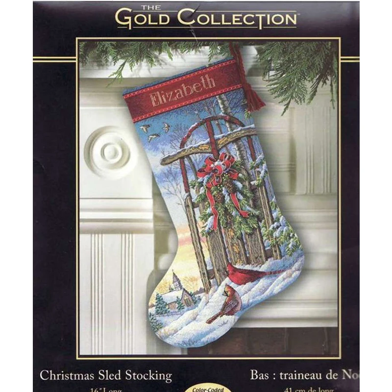 Dim 08666 Winter Twilight Stocking Counted Cross Stitch Kit Christmas Skiing Sled, Enchanted Ornament, Santa\'s Snow Globe, DIY