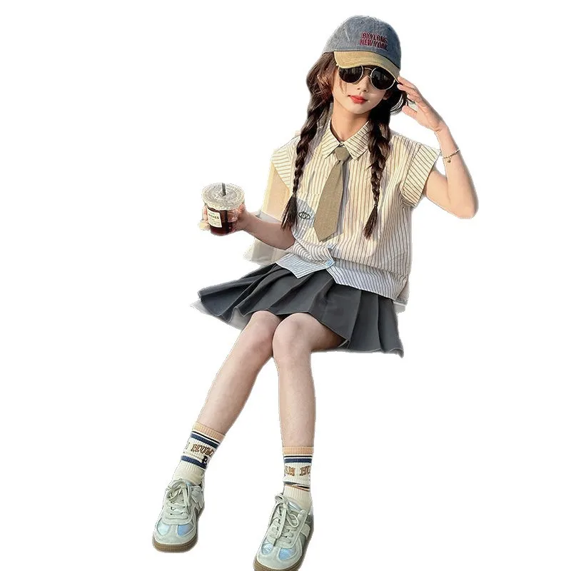 2026 new summer child set teenager Girls Cloth striped blouse shirt top + bottom JK pleated Skirt suit 4 8 9 10 12 Year japan