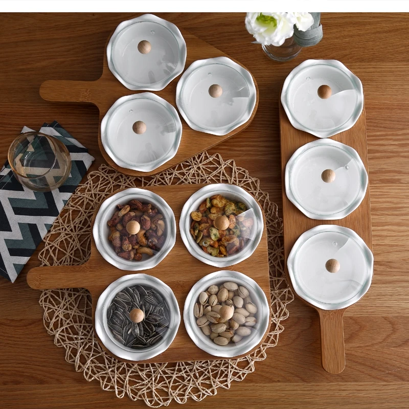 Christmas New Ceramic Candy Box Dried Fruit Nuts Plate Nordic Wind Bamboo Wood Glass Cover Afternoon Tea Snack