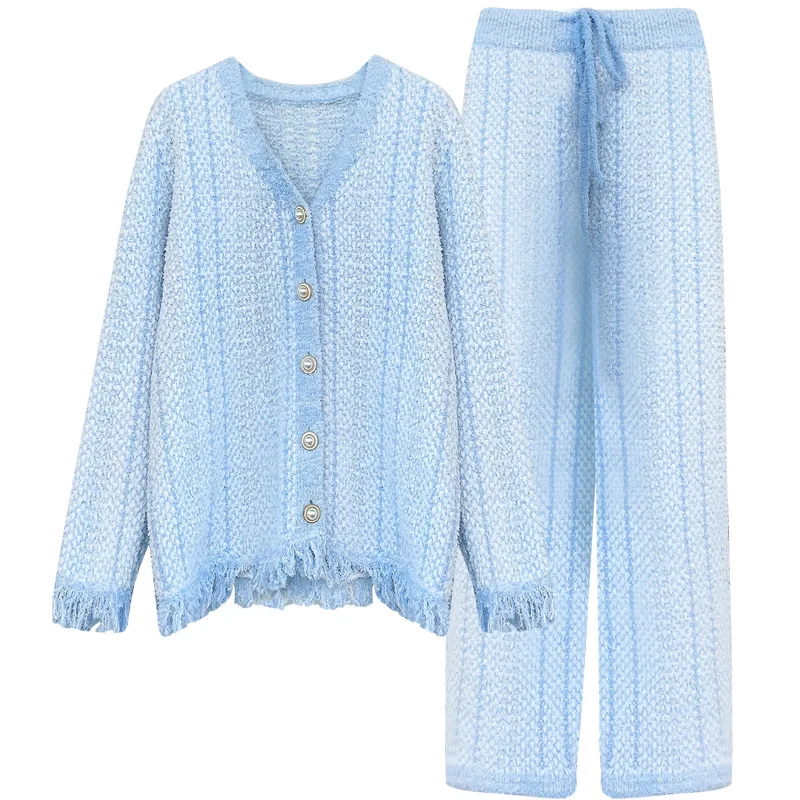 Winter Ins Sweet Tassel Cardigan Set Sleepwear Women\'s Winter Thick Warm Knitted Home Clothes Two Piece Set Light Blue