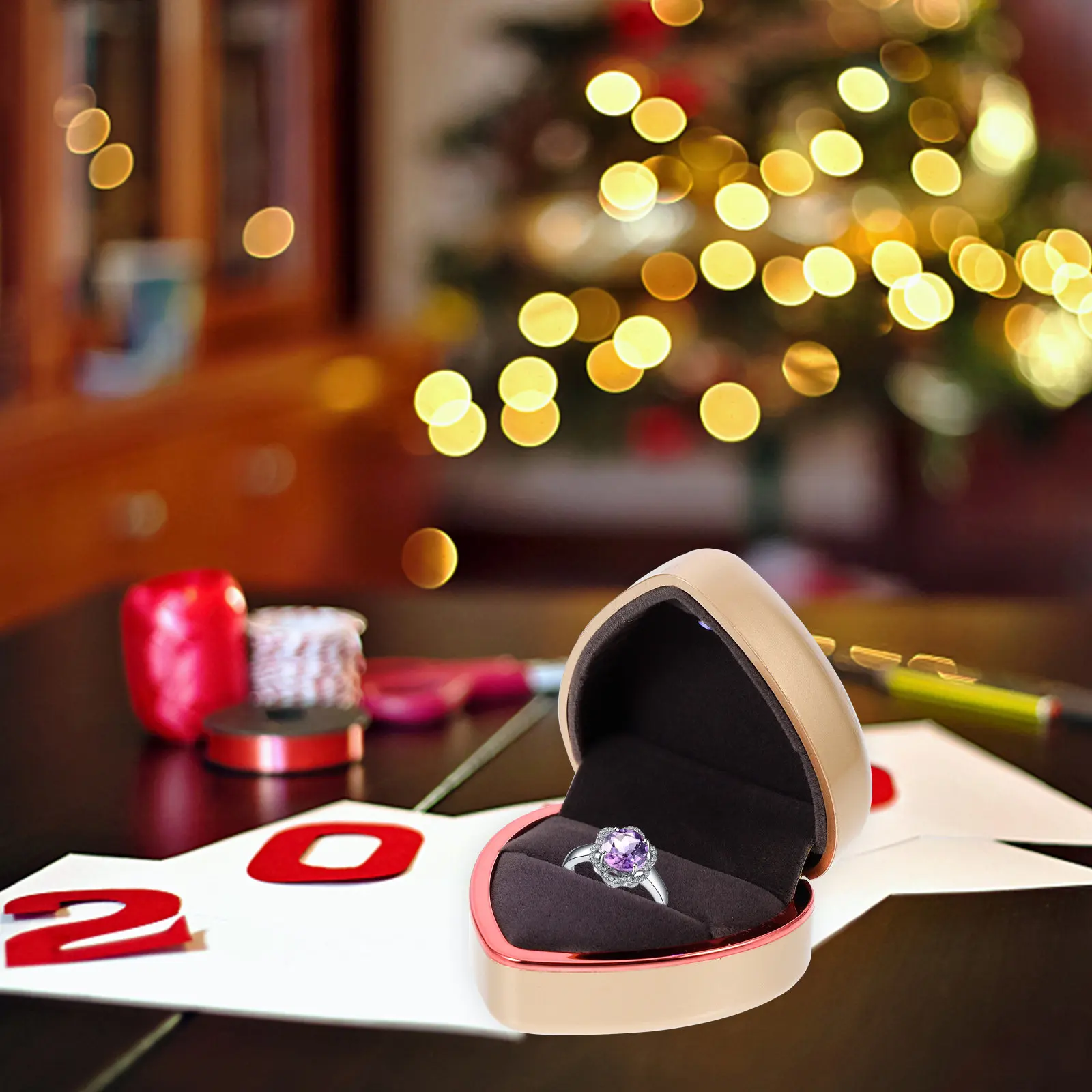 

LED Shaped Ring Box Romantic Gift for Proposal Wedding Anniversary Jewelry Presentation Display Container