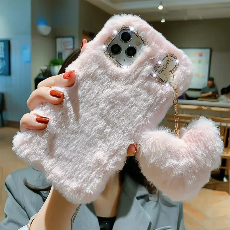 Plush love Phone Case For iPhone16 11 12 13 14 Pro XR X Xs Max mini 7 8 6 6s Plus MAX SE 3D Fur Anti-drop protective Back Cover image 3