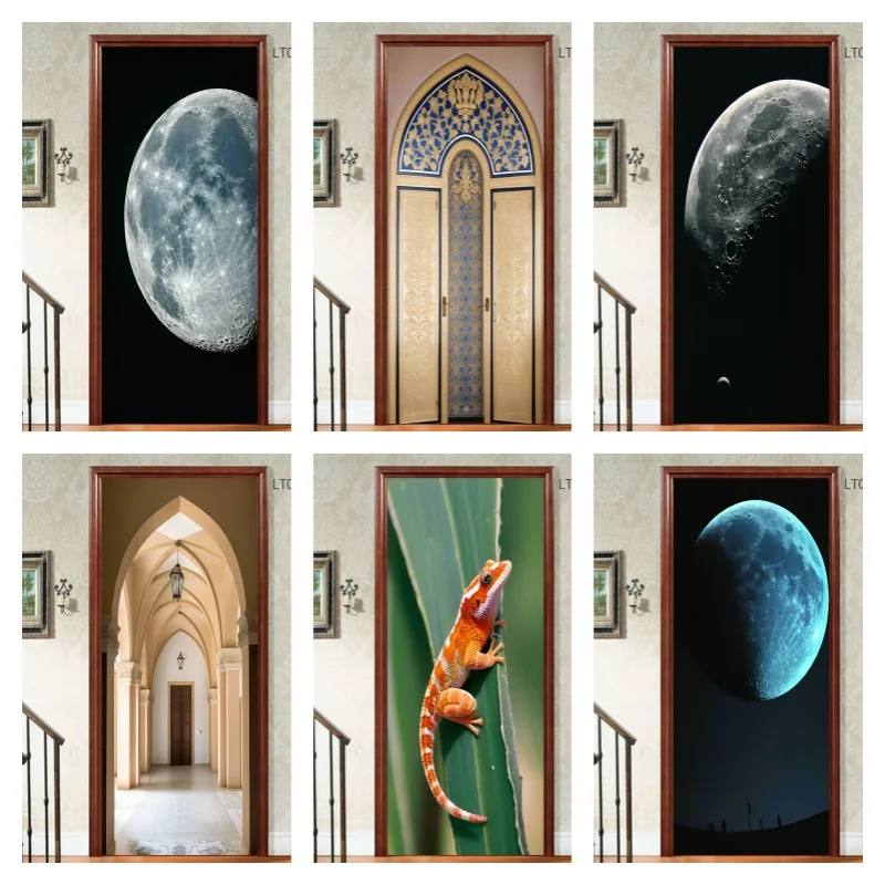 

Multi-style Lunar Space Frog Wall Decal Full Door Wrap 3D Wallpaper Customize Home Decoration Door Poster Stickers