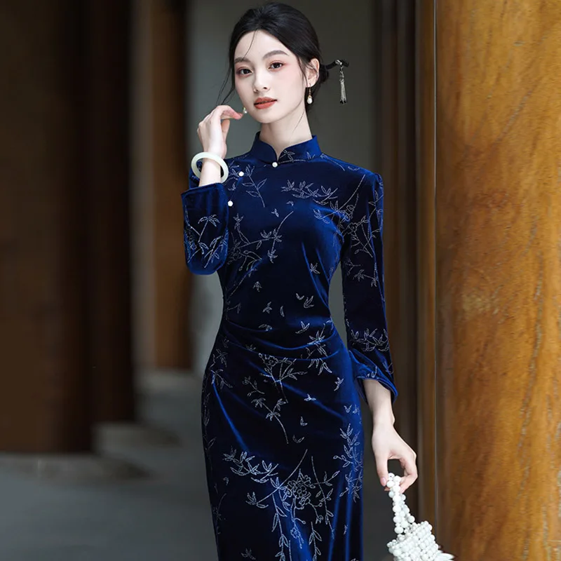 Women Long Sleeve Length Qipao Sexy Velet Cheongsam Mandarin Collar Chinese Style Dress Vintage Button Vestidos Party Dress