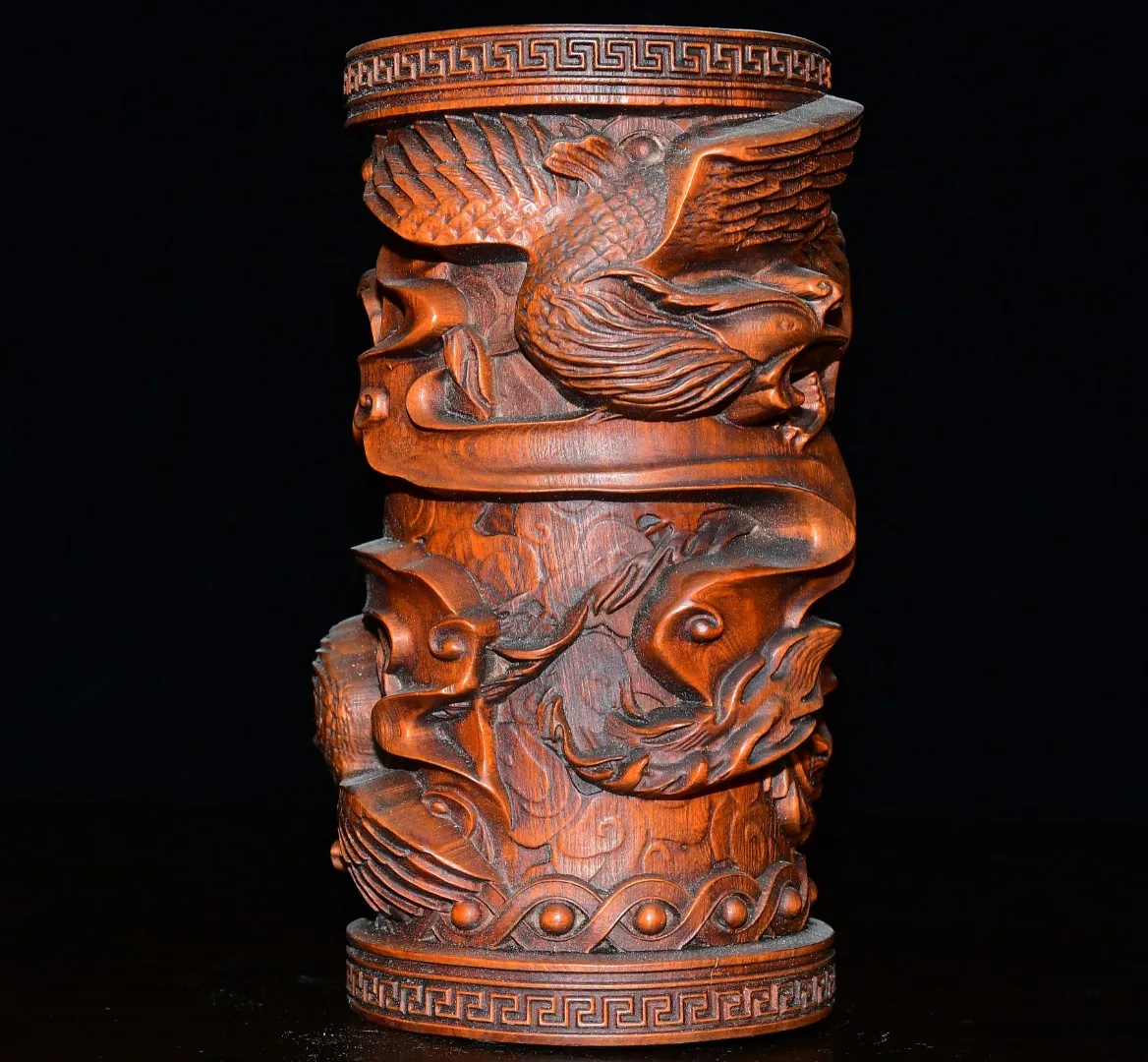 

5"Old Nepalese temples Old Boxwood Dragon Phoenix Pattern Pen Holder Amass wealth Ornaments Worship Hall Town house