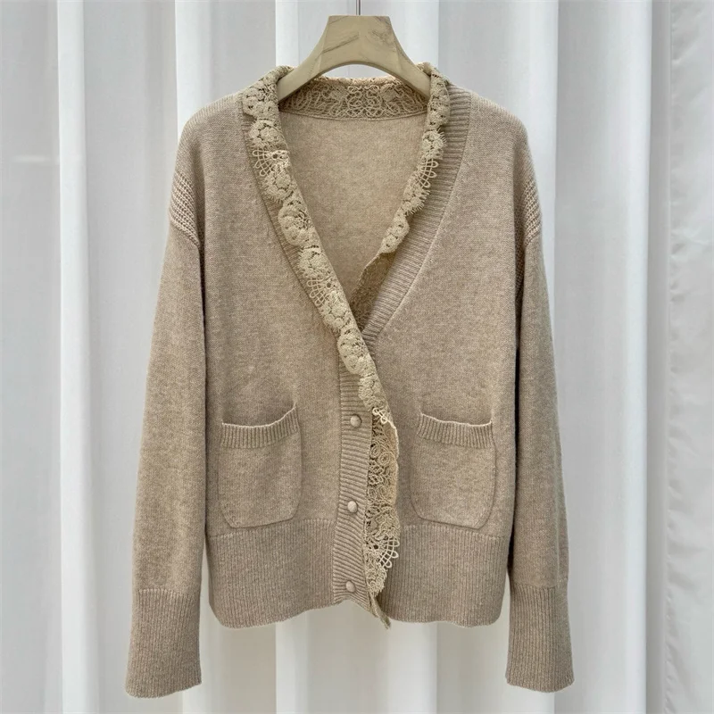 여성용 가디건 2025 겨울 신상 싱글 브레스티드 슬림핏 긴팔 탑 울 혼방 여성 스웨터 레이스 패치워크 니트웨어