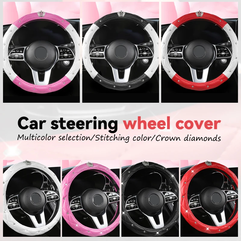 

Imitation Leather Car Steering Wheel Cover Luxury Diamond Rhinestone Crown Badge Universal Accessories Auto Interior Women Gift