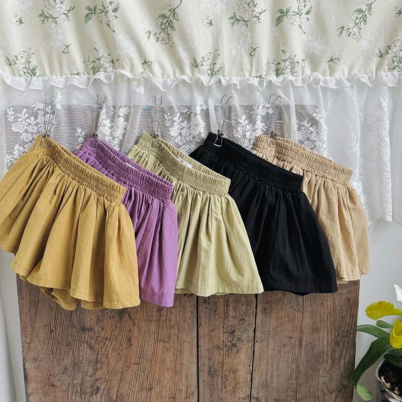 Baby Girls Shorts Skirts Summer Casual Pleated Elasticity Waist Shorts for Kids Clothing Solid Color Kawaii Children Pants New