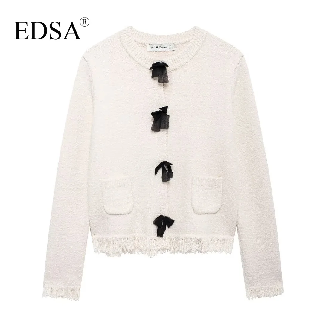 EDSA Women Knit Cardigan with Bows Frayed Trims Autumn Female Long Sleeves Round Neck Patch Pockets Sweater Coat