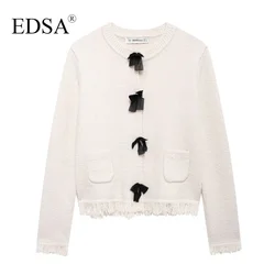 EDSA Women Knit Cardigan with Bows Frayed Trims Autumn Female Long Sleeves Round Neck Patch Pockets Sweater Coat