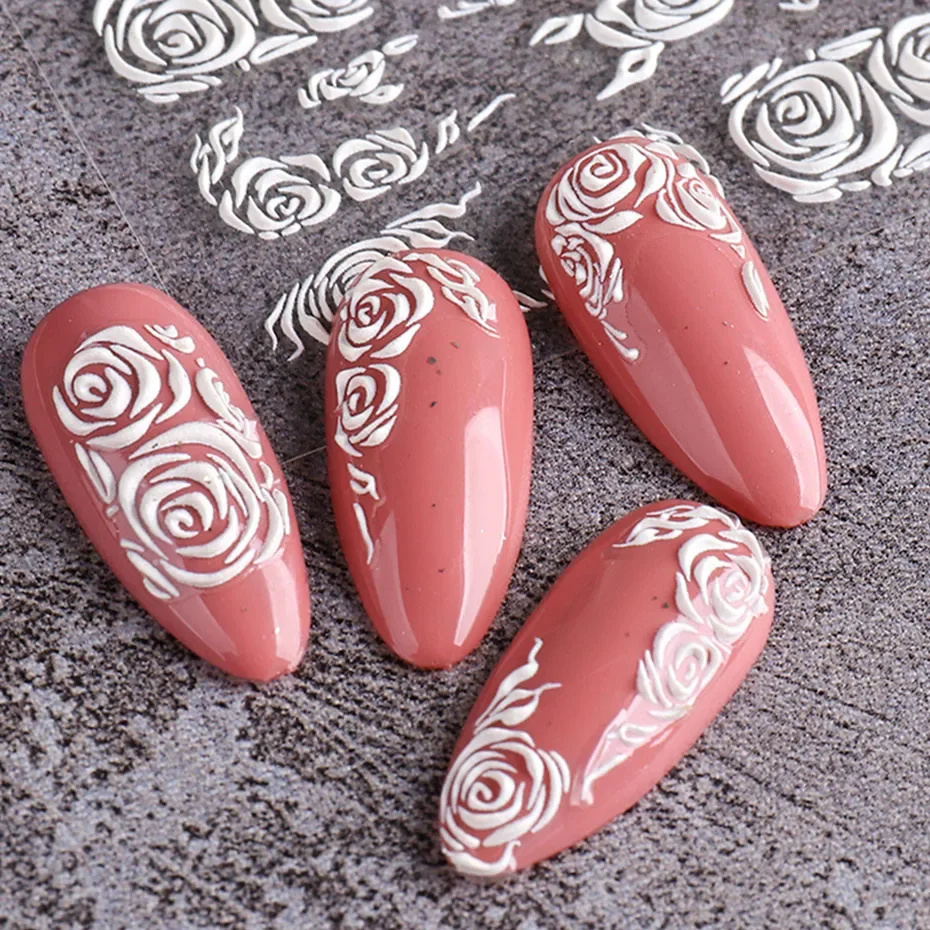 5D Embossed Nail Stickers White Rose Flower Lace Engraved Sliders For Nail Summer Wedding Self Adhesive Decal Decor SA5D-K128