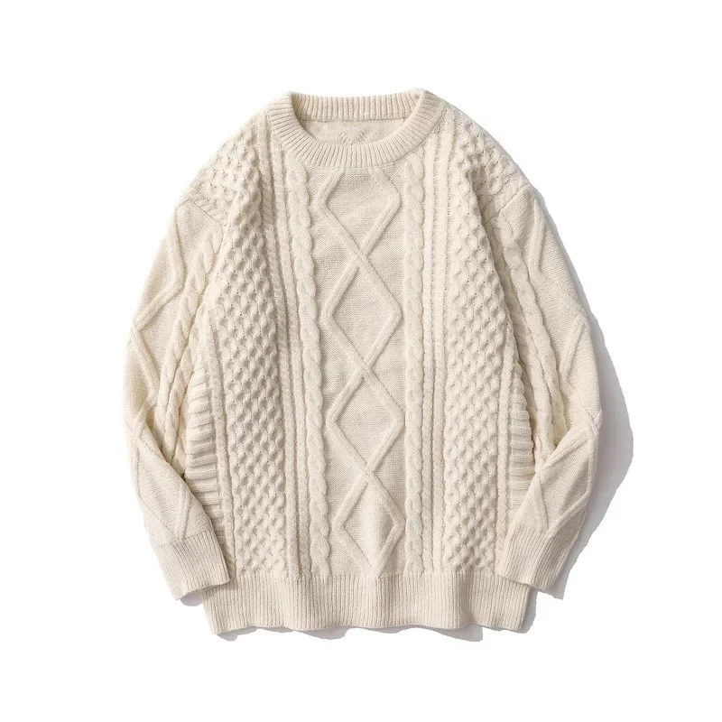 Winter American Retro Twisted Alan Sweater Crew Neck Fisherman Beige Woven Twist Knitted Sweater for Men and Women