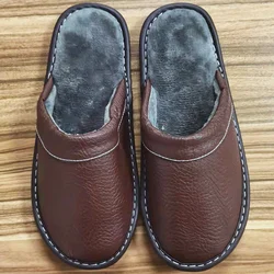 Large size 47 48 men's winter autumn indoor leather slippers unisex high quality home furry flat slippers women leather shoes