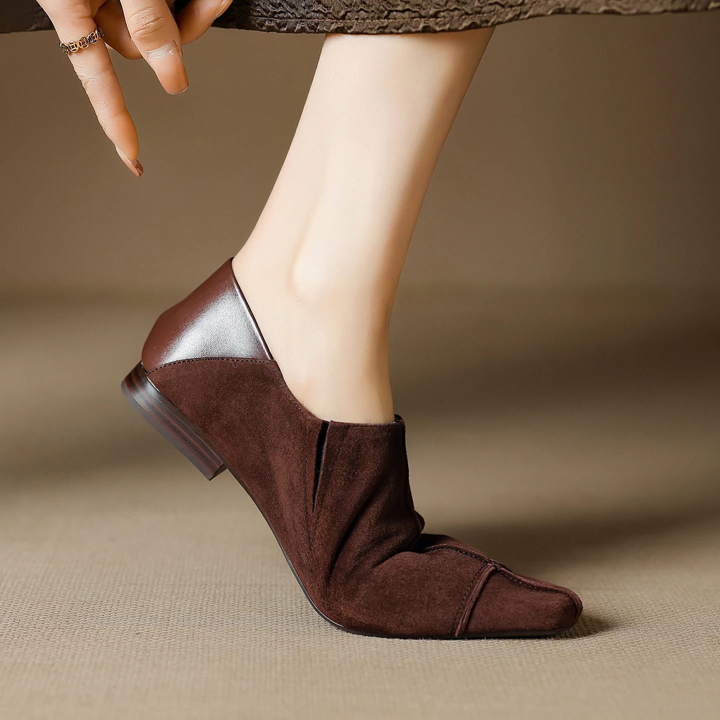 2026 spring summer women pumps natural leather 22-25cm kid suede+sheepskin+pigskin square toe low heel mixed color women shoes view 5