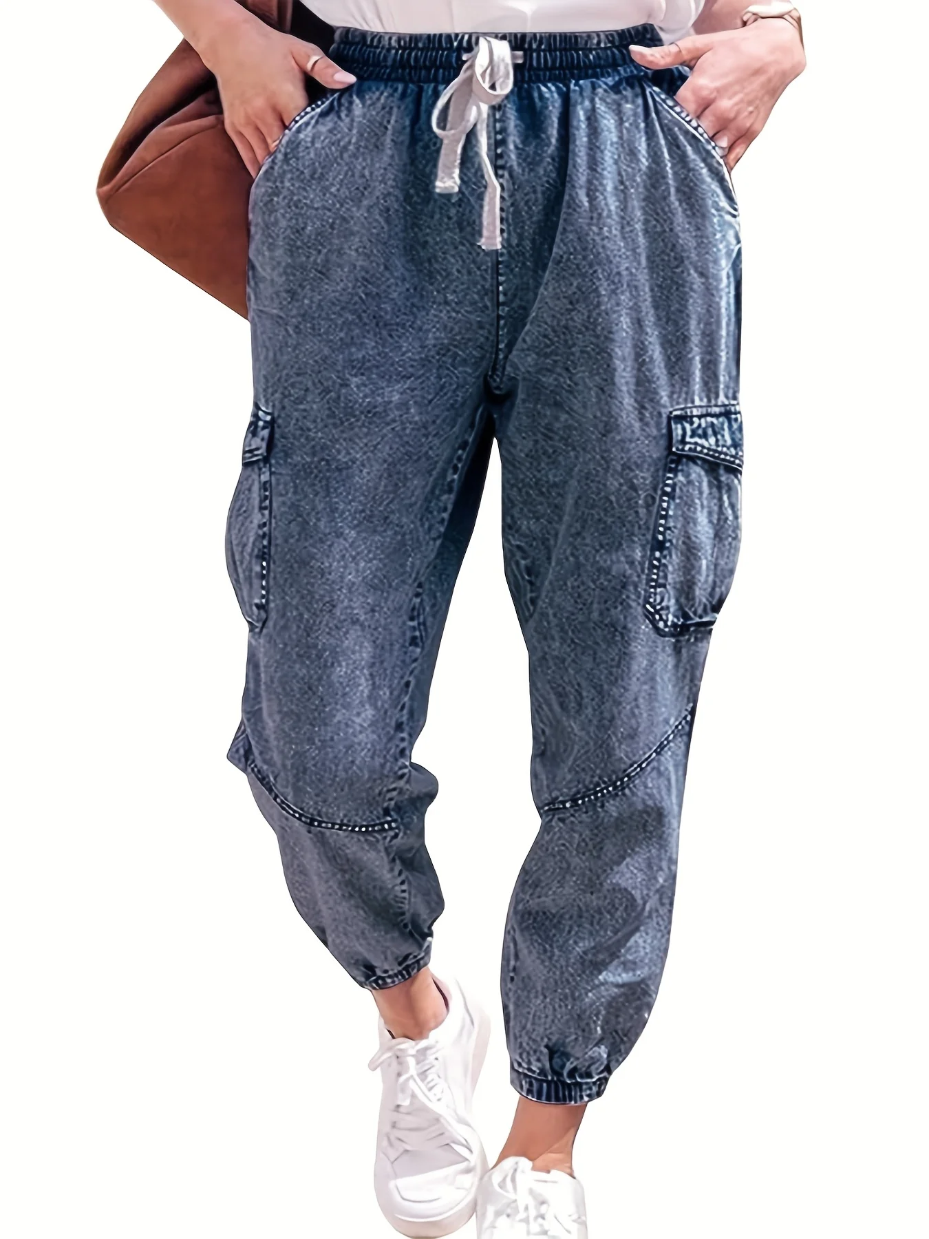 

Fashionable wash blue gray drawstring rubber waist zipper side pocket women's casual low elastic work nine-point jeans