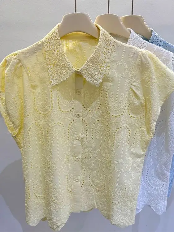 

Женский топ с вышивкой Ele Hollow out Lace ort Sve irt, лето 2022, новый утягивающий топ с вышивкой, корейская версия